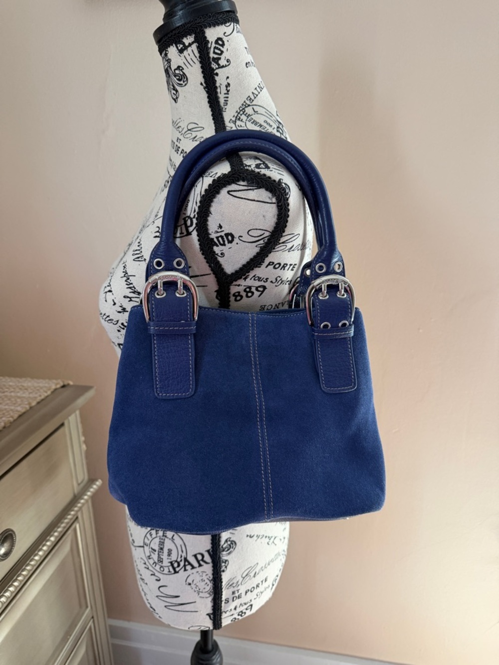 Tiganello Classic Navy Suede Top-Handle Women's Handbag Satchel Leather Bag